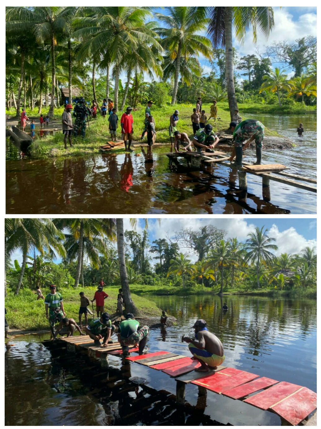 Menjadi Solusi di Tengah Kesulitan Masyarakat, Satgas Yonif 623 Perbaiki Jembatan Rusak